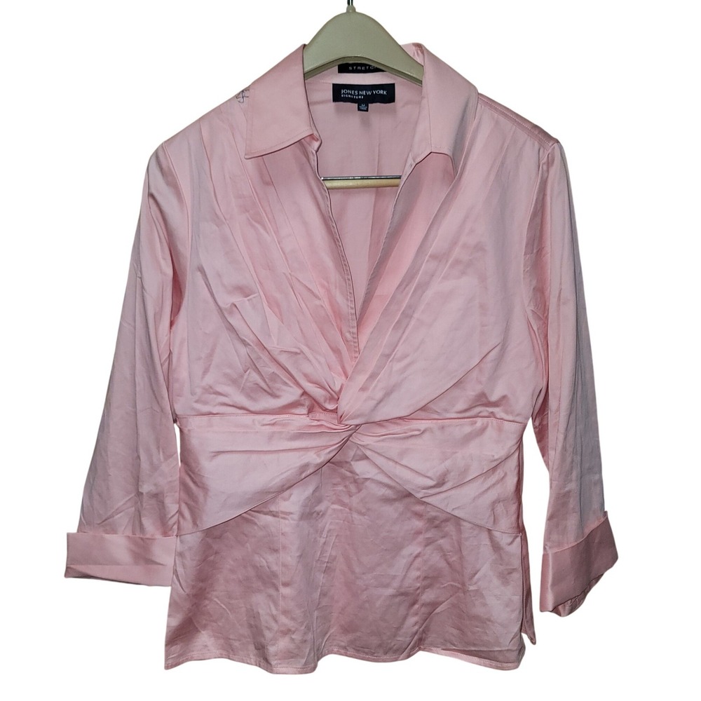 Jones New York Signature Blouse M Pink Twist Front V-Neck Cotton Y2K Barbie Chic